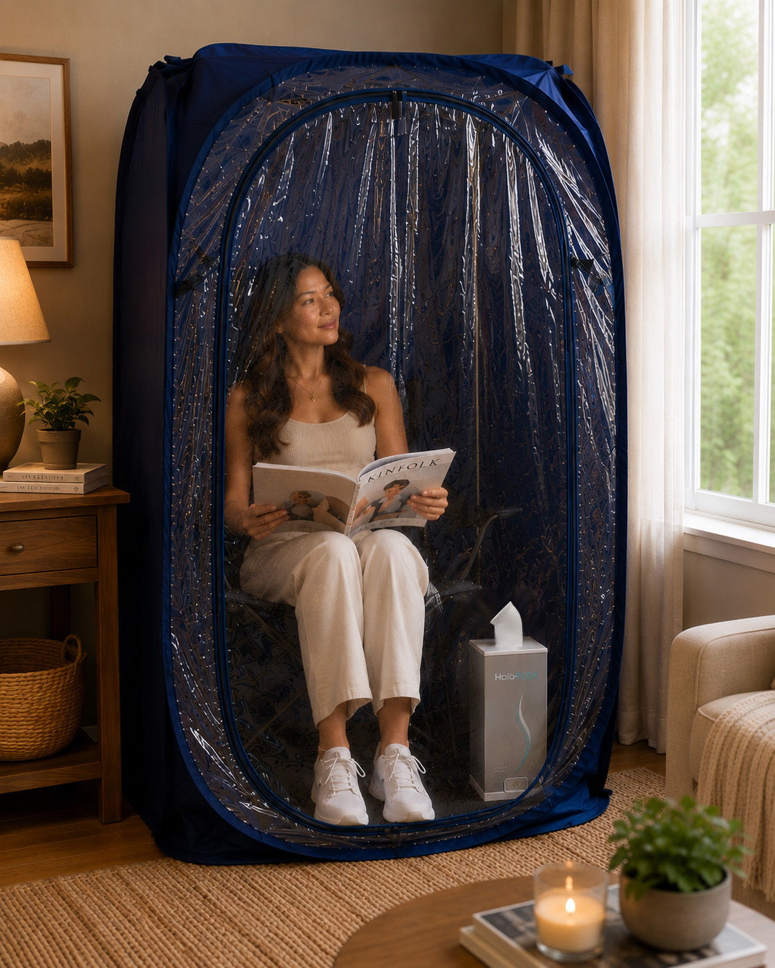 Woman reading a magazine inside a blue tent with HaloFLEX generator in a living room.