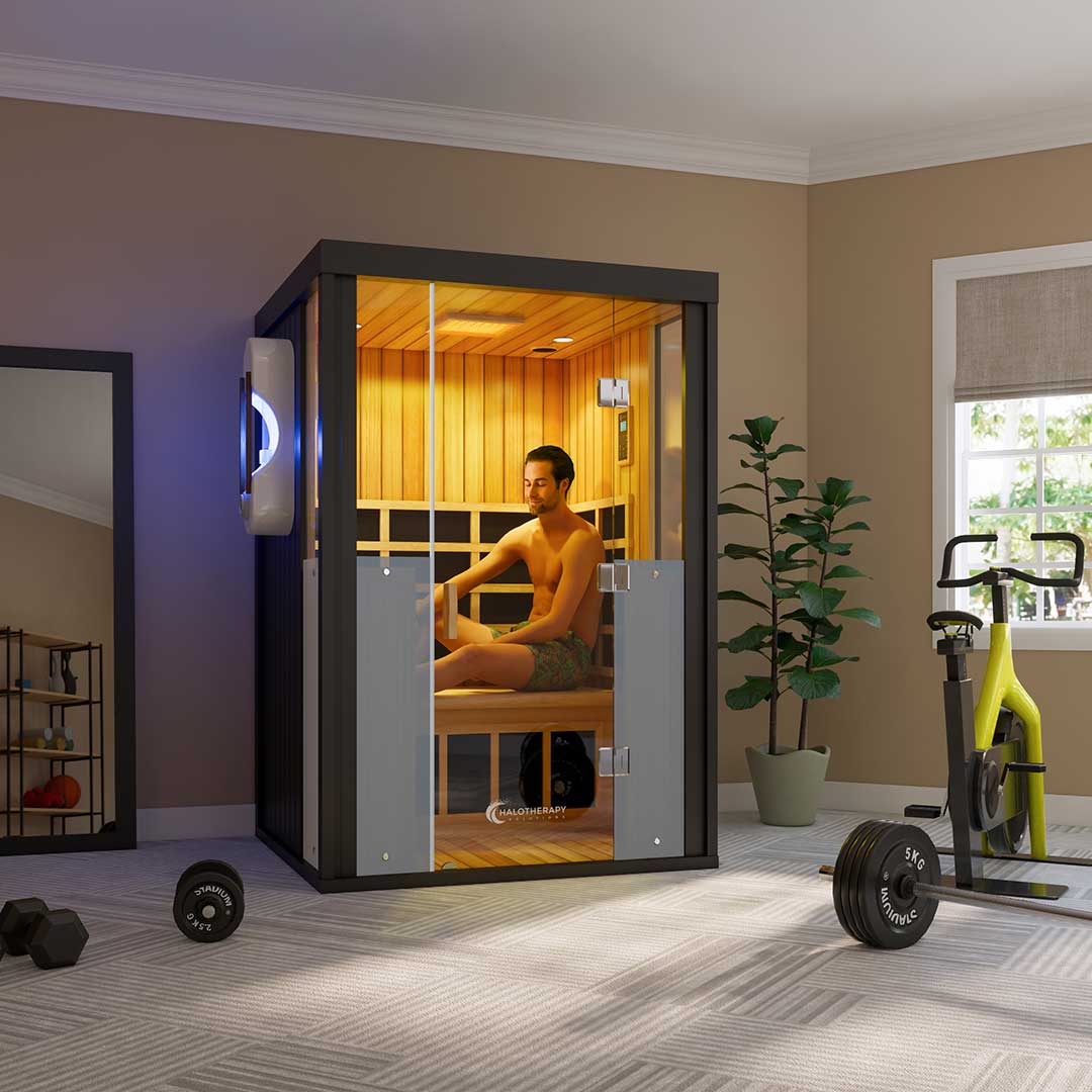 salt therapy infrared sauna in a home gym
