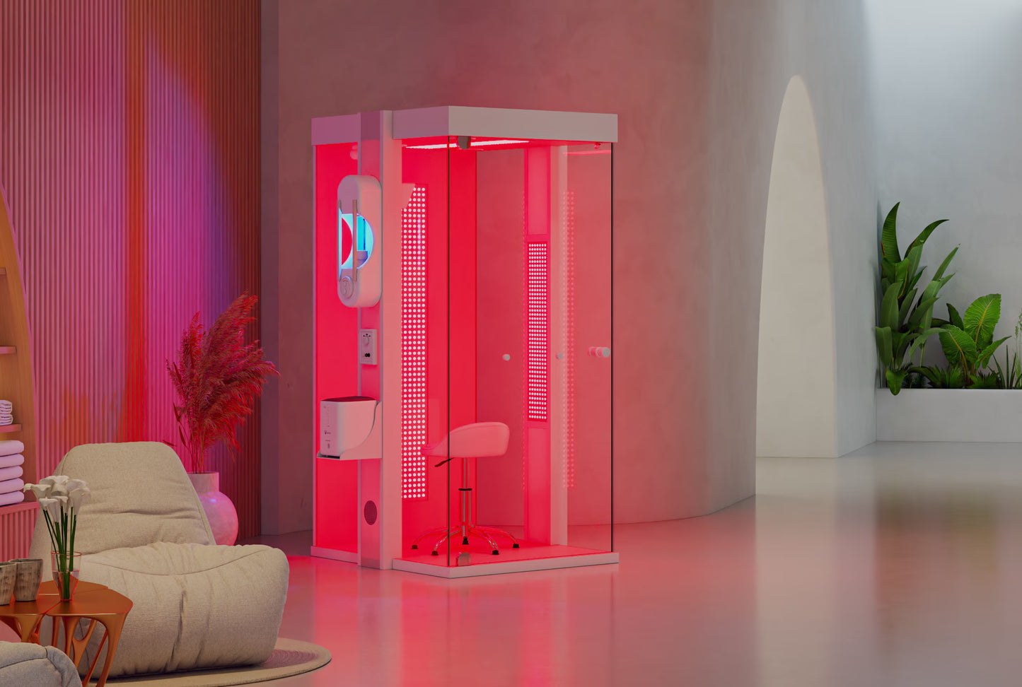 Small HaloRed O2 halotherapy and redlight therapy booth in a home