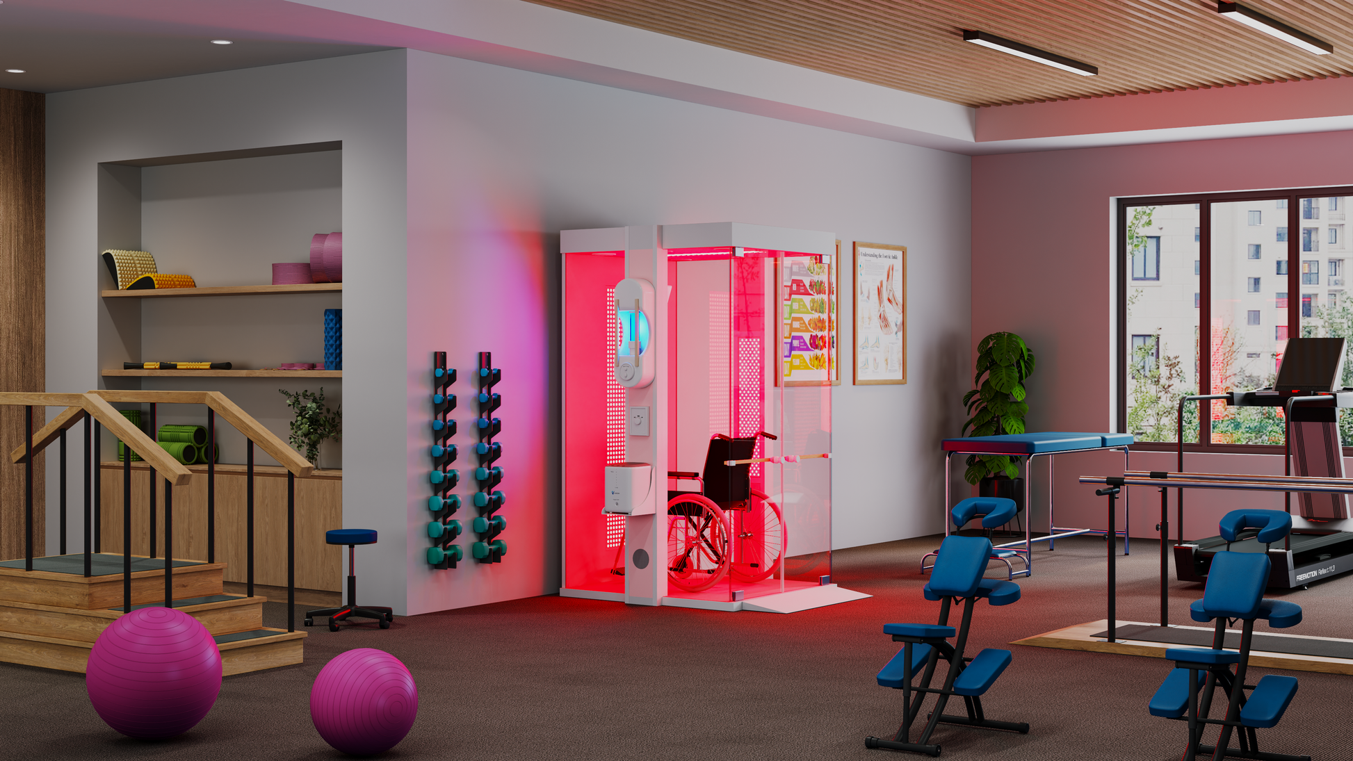 Wheelchair accessible HaloRed O2 red light and salt therapy booth in a rehabilitation center